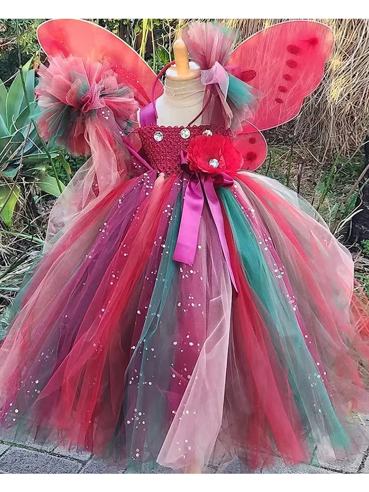 Fall Woodland Fairy Long Tutu Dress for Girls Forest Fairyland Princess Costumes with Wings Kids Flower Girl Party Ball Gown