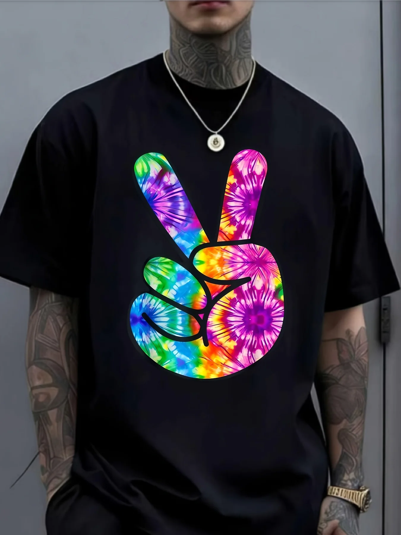 Premium Soft Tie-Dye Peace Sign Graphic T-Shirt  Perfect for Summer Festivals, Father'S Day  Spring Outings  Trendy Unique Streetwear Design, Funny Graphic, Casual Daily Wear  Comfortable Short Sleeve Tee for Men  2024 Trendy Design