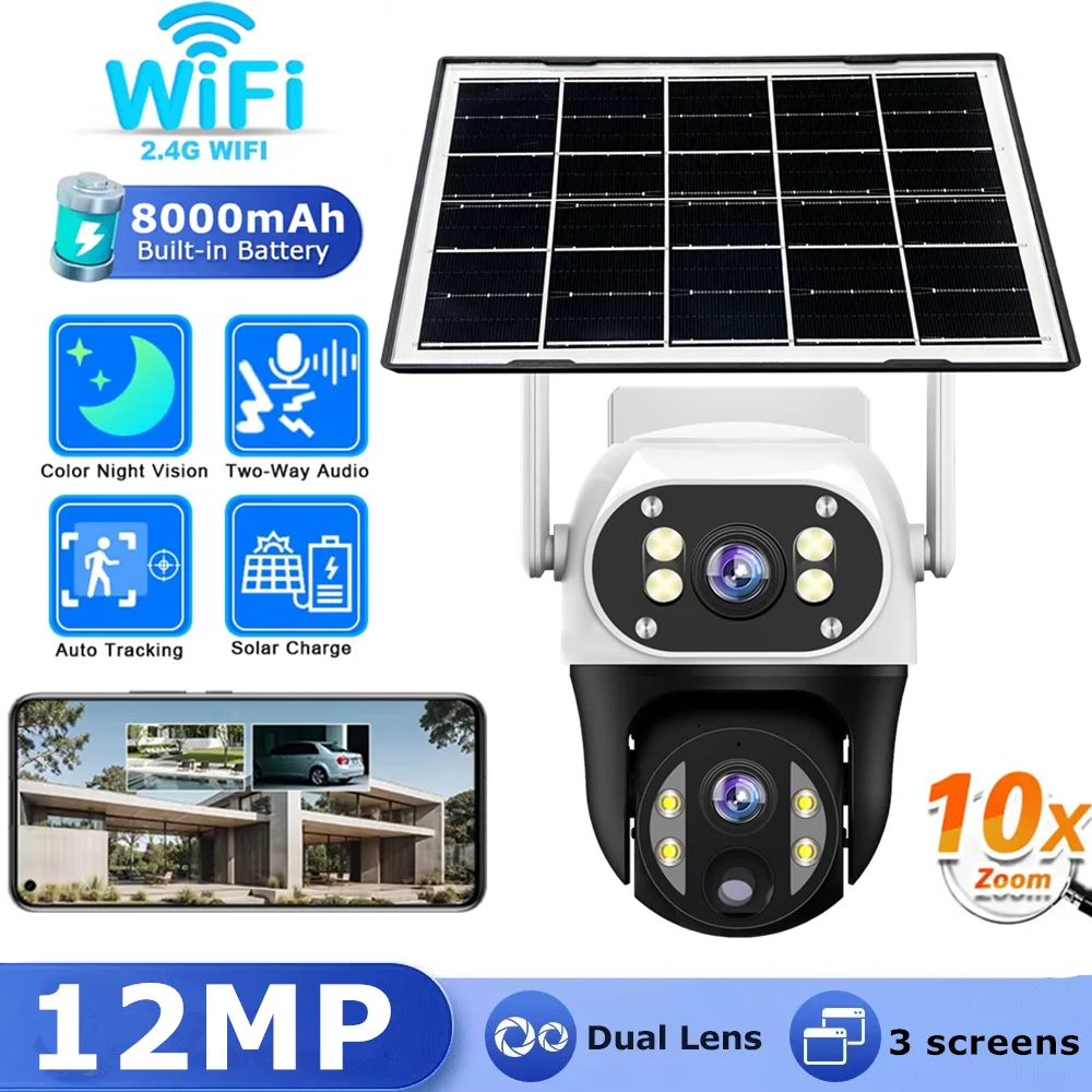 

WIFI 12MP Solar Camera Two lens 3 screen Waterproof CCTV Outdoor PTZ Control Motion Tracking Color Night Vision Mini Solar