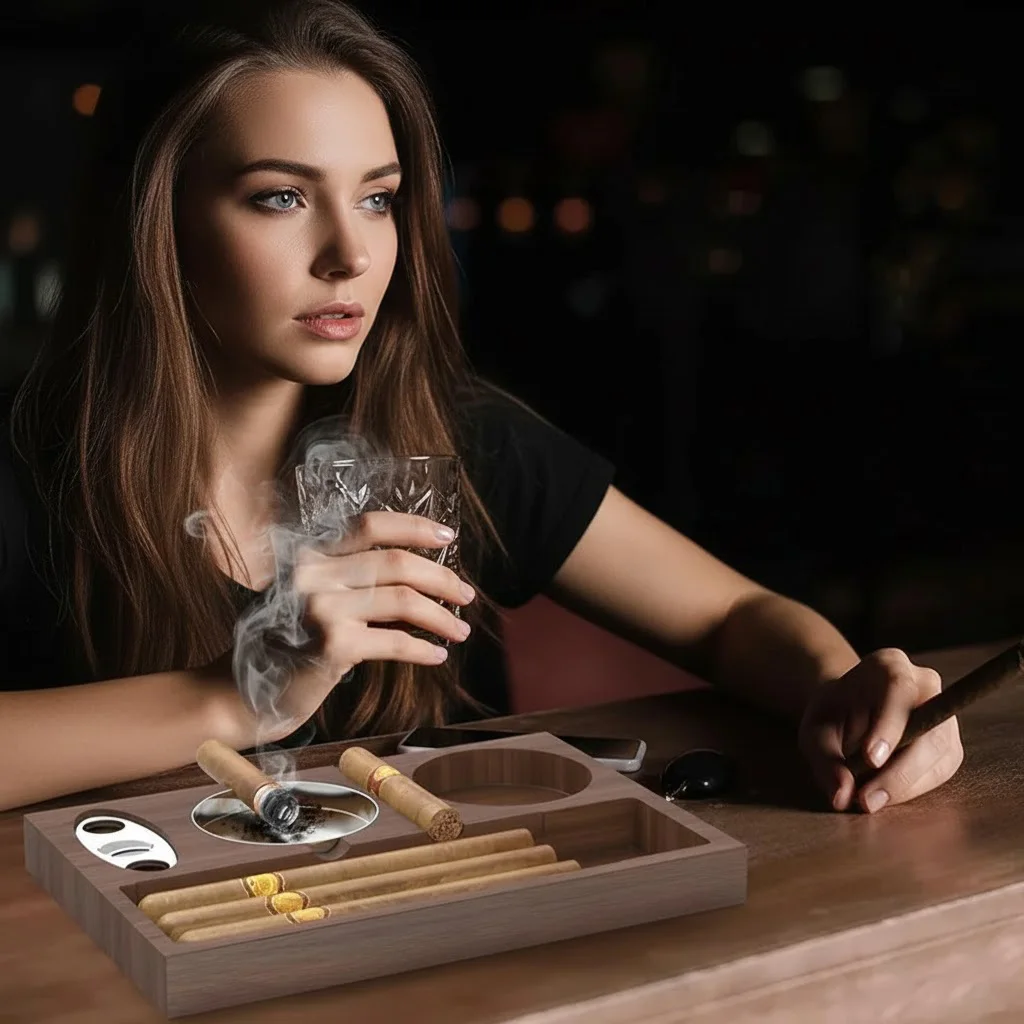 

Luxury Wooden Cigar Ashtray Set with Cutter and Whiskey Glass Holder, Portable Walnut Cigar Tray for Men, Father's Day Gift