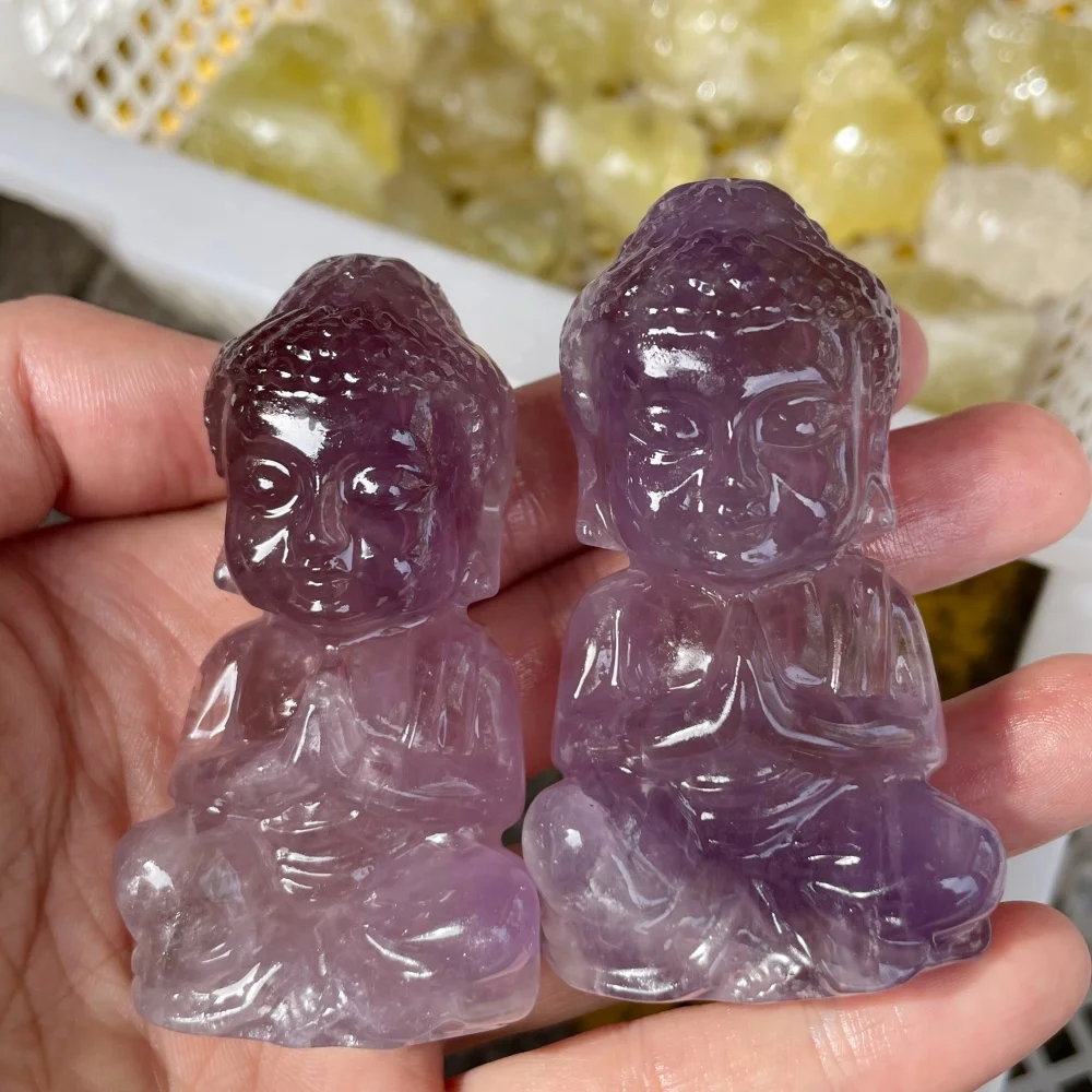 Natural Amethyst Carved Baby Buddha Statue Cute Sitting Buddha Figurine Meditation Zen Healing Crystal Home Decor Wholesale