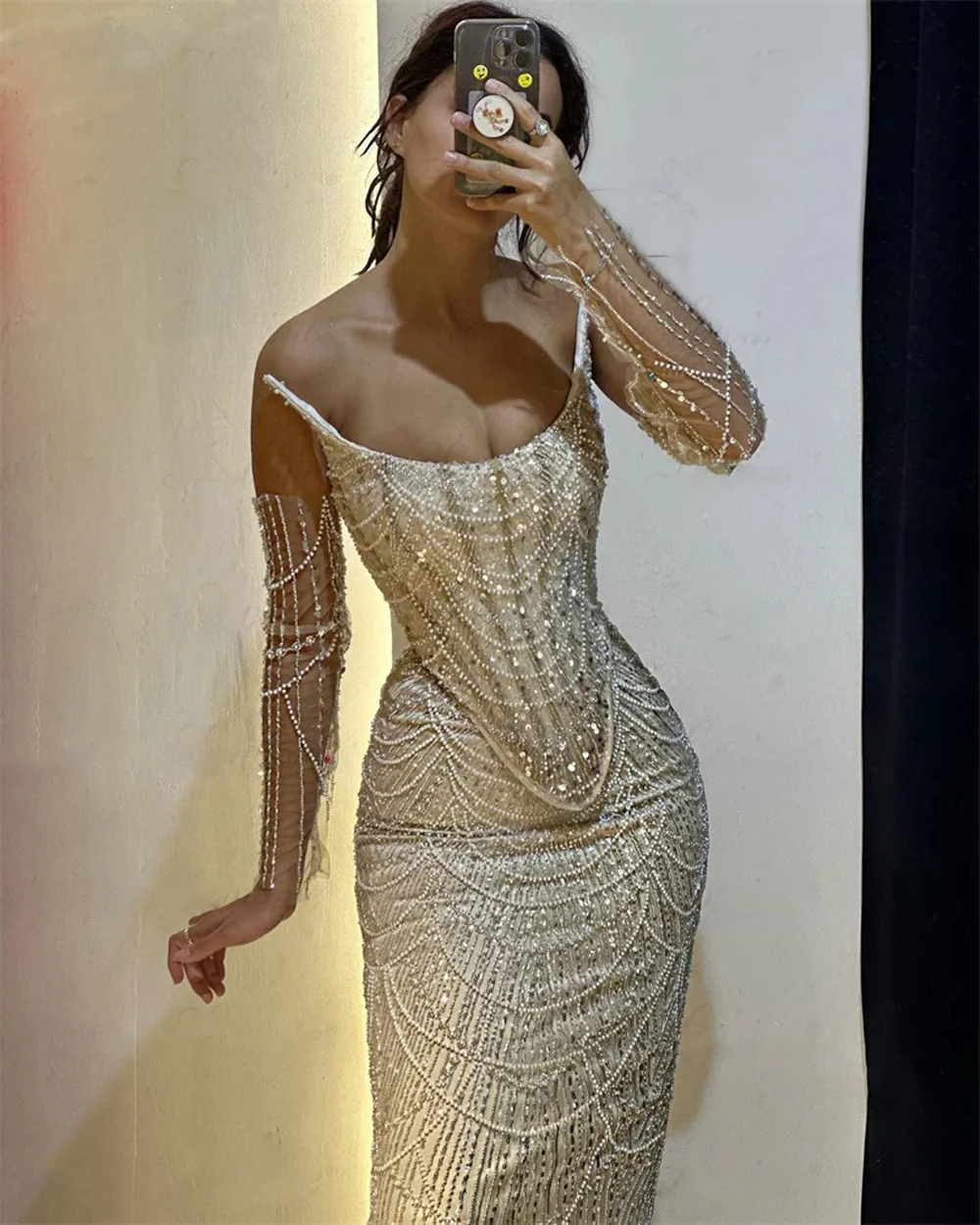 Champagne Sequined Pearls Evening Dresses Mermaid 3 Pieces Suit Beaded Spaghetti Straps Formal Prom Party Gowns Vestido De Gala