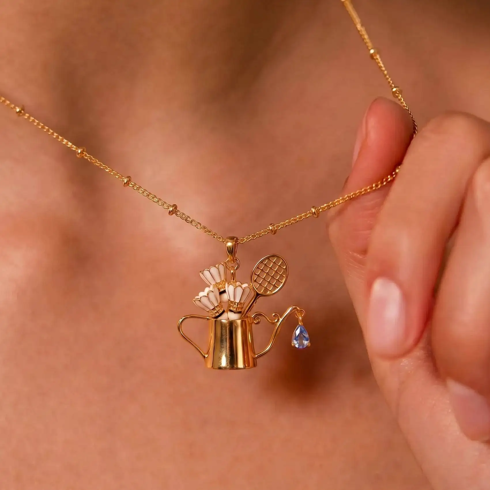 Tennis Sport Charm Necklace Women Small Daisy Flower Shaped Pendant Necklace Flower Pot Blue Crystal Necklace Jewelry Accessory