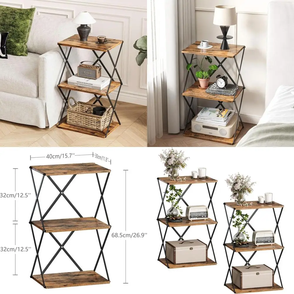 

Set of 2 3-Tier Small Side Tables with Storage for Living Room, Bedroom, Office, and Bathroom in Rustic Brown