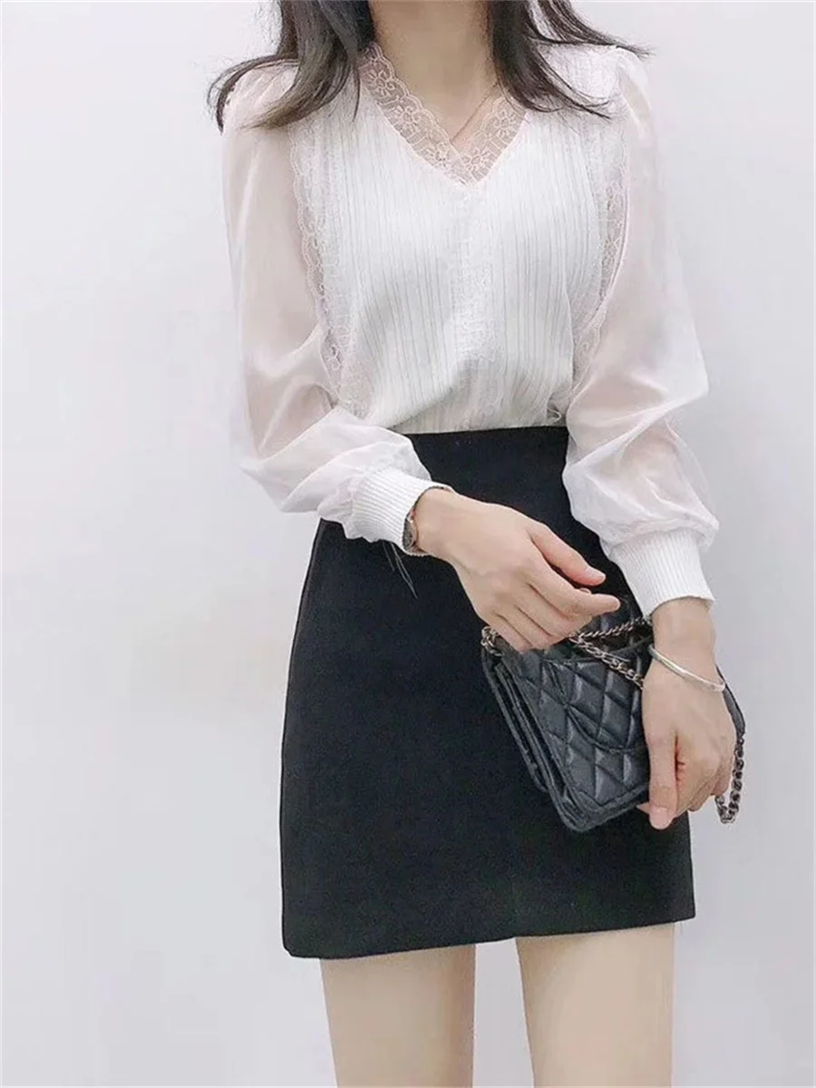 Women Spring Autumn Style Blouses Tops Lady Casual Long Sleeve V-Neck Lace Blusas Tops