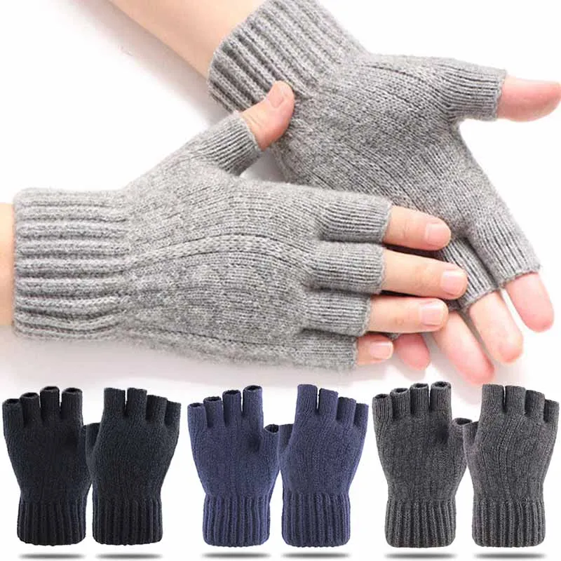 Thicken Warm Touchscreen Men Knitted Fingerless Gloves Winter Gloves Unisex Outdoor Elastic Warm Half Finger Cycling Gloves Gift