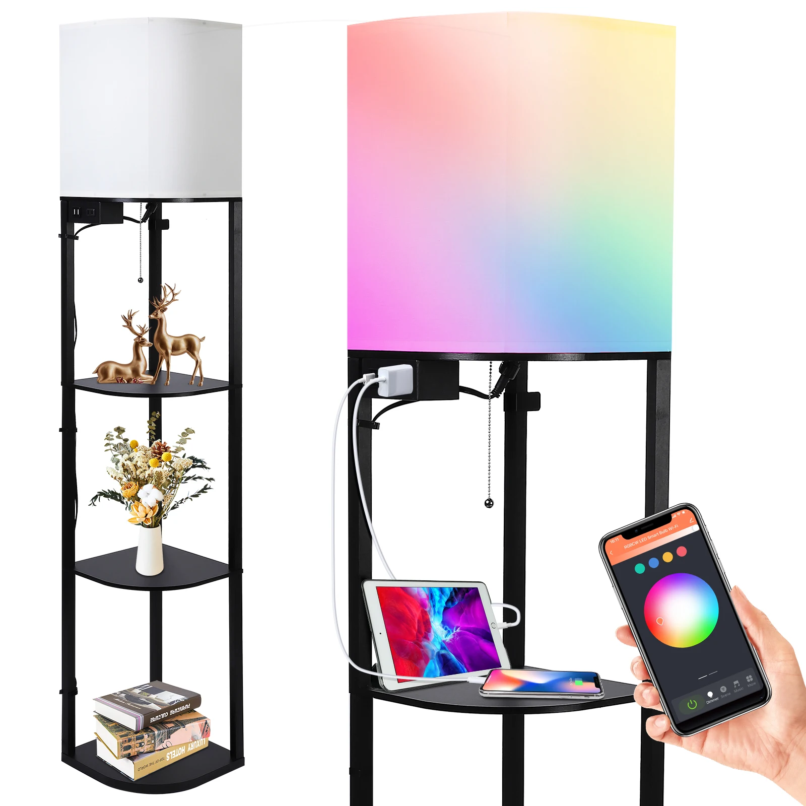 Smart RGB Shelf Floor Lamp with 2 USB Ports & 1 Power Outlet, Modern Display, 3-Tier Sector Corner Shelf Standing Lamp, RGB Bulb