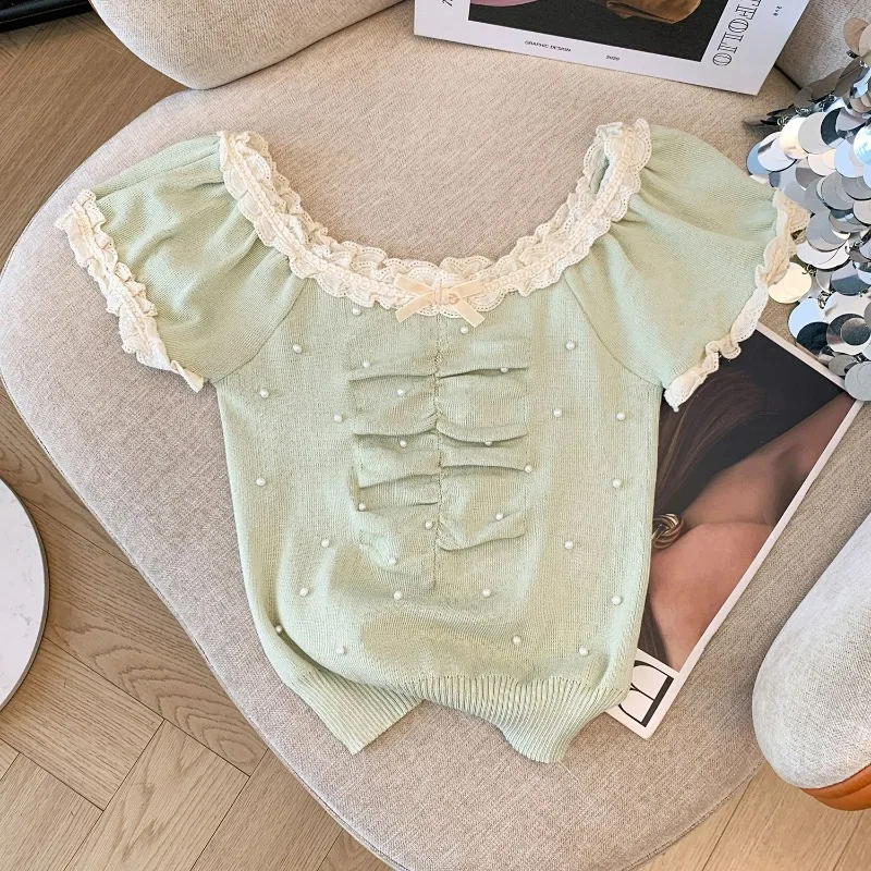 Mint Mambo Style Green Bow Lace Pearl Short Sleeve T-Shirt Women's Summer French Aesthetic Knitted Sweater Sweet Top