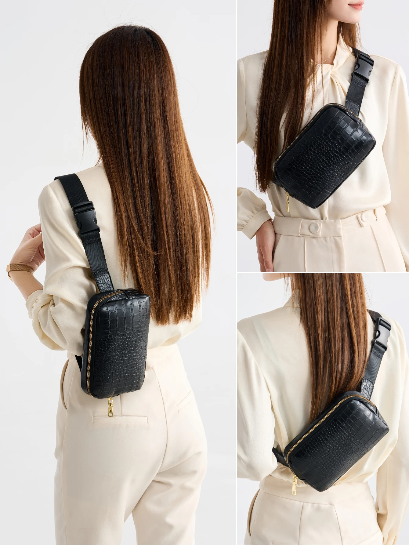 حقيبة صدر صغيرة عصرية بلون سادة كلاسيكية ذات سعة كبيرة على شكل تمساح حقيبة خصر للجنسين بحزام كتف قابل للتعديل