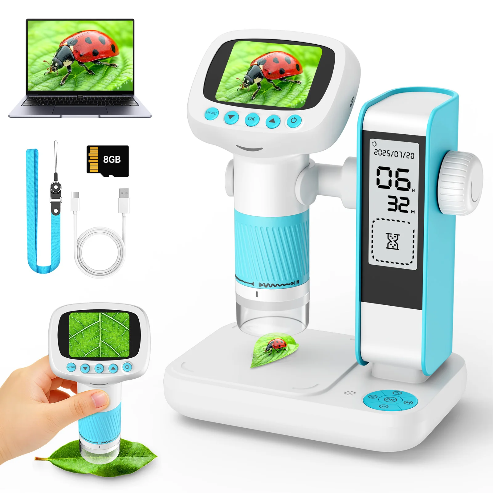 

2 in 1 Children's Learning Digital Clock Electron Microscope 1000x Magnification 2 inch IPS 1080p high definition screen 8 Light