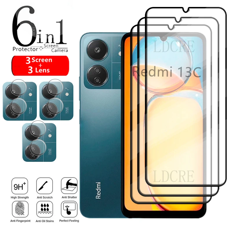 6-in-1 For Xiaomi Redmi 13C Glass Redmi 13C Tempered Glass Protective Full Cover Glue 9H HD Screen Protector Redmi 13C Len Glass