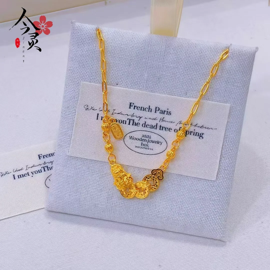 

AU999 Pixiu Crushed Ice Coin Necklace Women 24K Gold - Anti-deform, secure coin, symbol of wealth