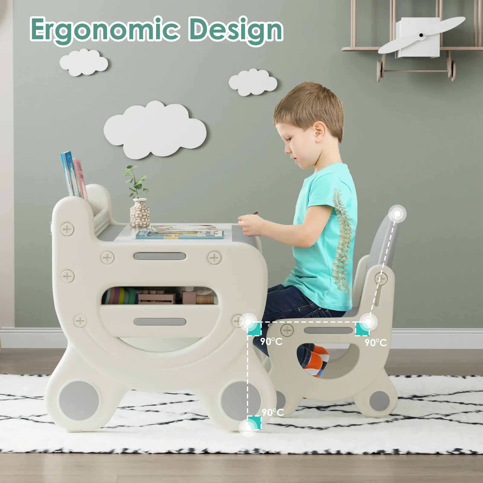 

Kids Drawing Table And Chair Set With Pens & Blackboard Eraser Toddlers Art Activity Table Set Gray & White For Creative Play