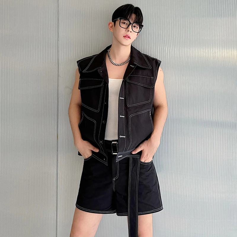 LUZHEN Niche Design Splicing Plain Fashion Sleeveless Vests Two Piece Sets Stylish Handsome Korean Men\'s Straight Shorts LZ4207