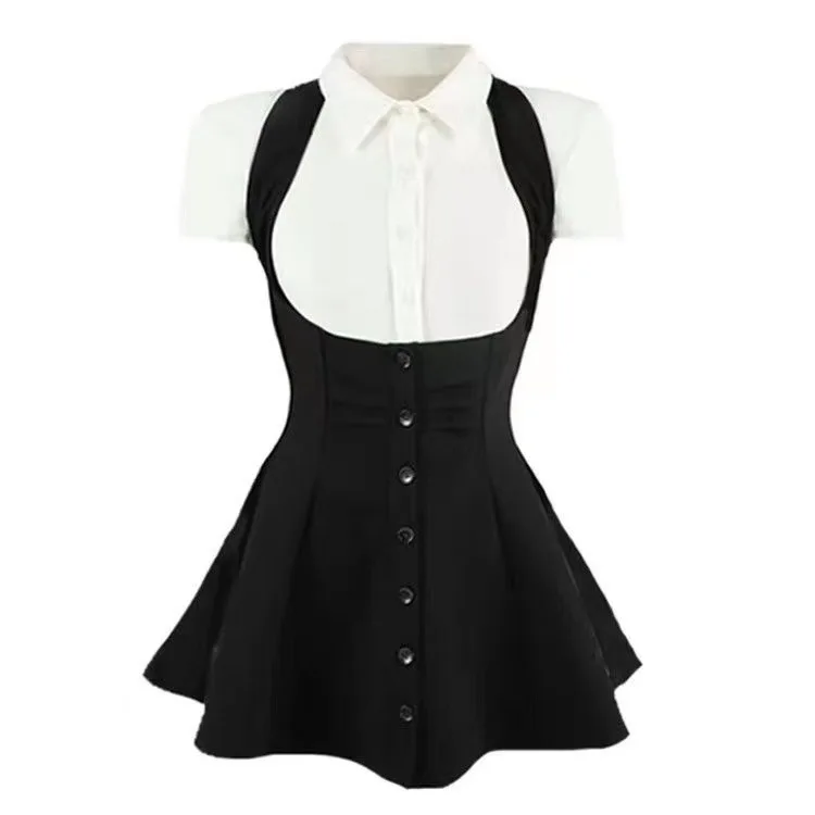 Pure Desire Hong Kong Style Fake Two-Piece Pinafore Dress, Short Sleeve Slim Mini Skirt for Petite Hot Girls, Summer Fashion Out