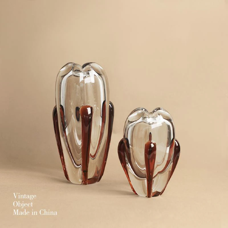 Light Luxury Handmade Glass Vase Decoration Homestay Restaurant Art Flower Arrangement Red Light Wave Flower Ware