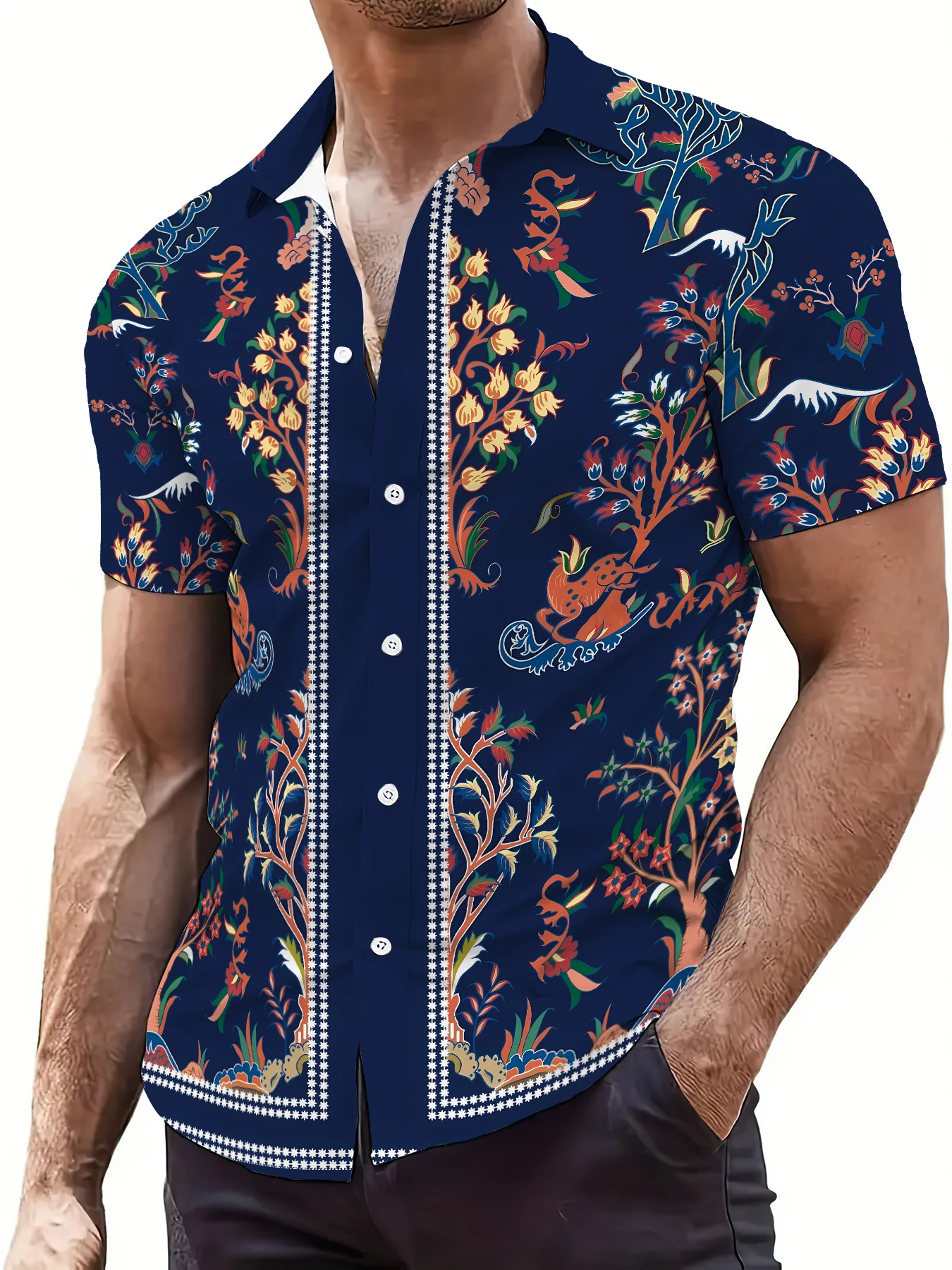 

2026 Summer New Style Men's Short-Sleeved Shirt with 3D Leaf Pattern Print - Comfortable Soft Breathable and Lightweight