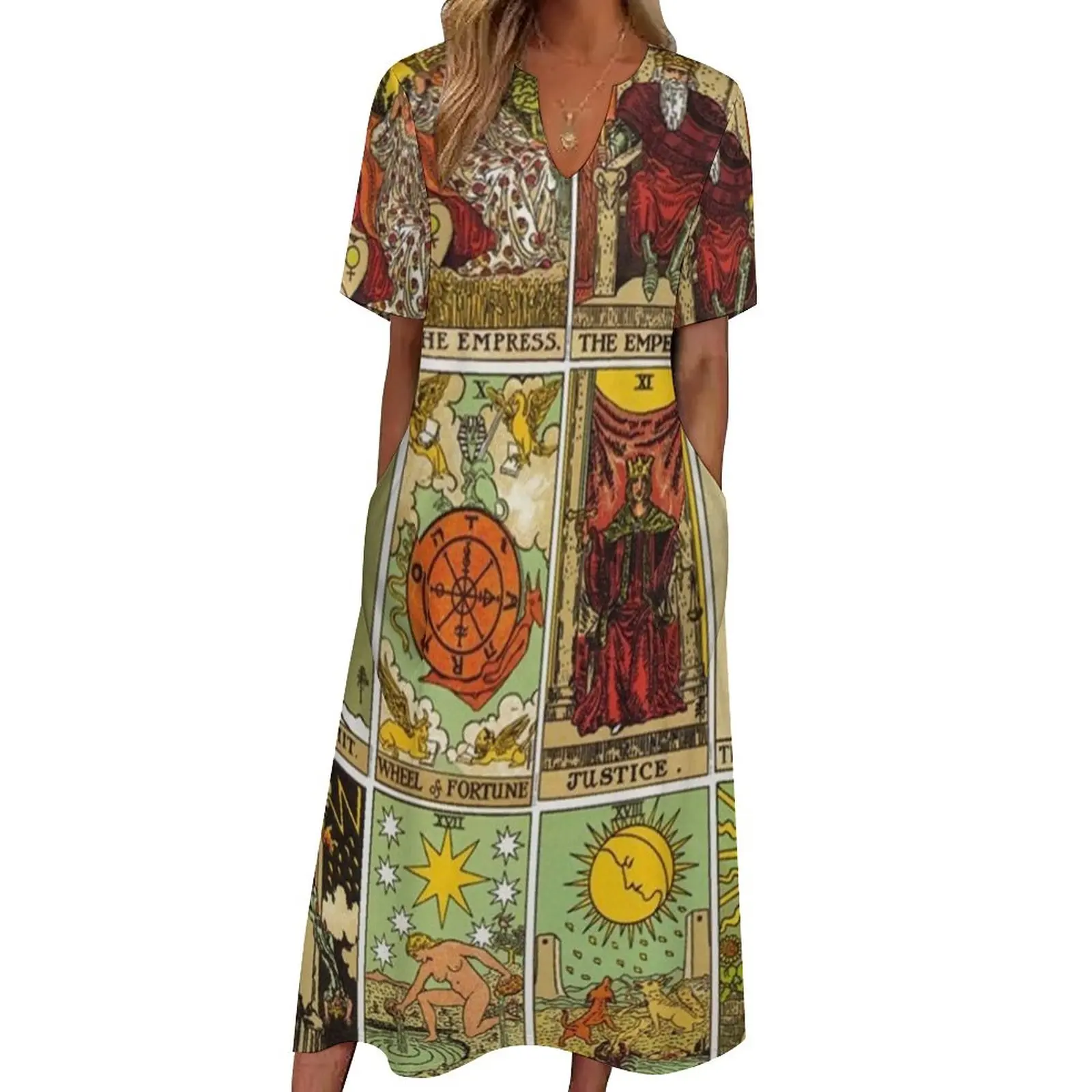 

Arcana of Tarot Dress Vintage Patchwork Elegant Maxi Dress Street Fashion Casual Long Dresses V Neck Design Big Size Clothing