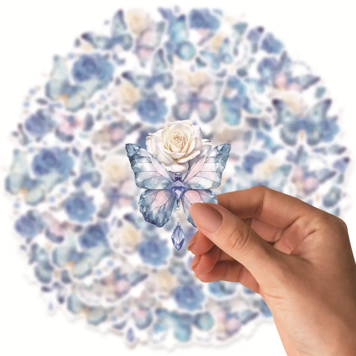 Etori Life 20 PCS PET Ice Crystal Laser Retro Blue Butterfly Flowers Guka Student DIY Stationery Decoration Stickers Cups,Gifts