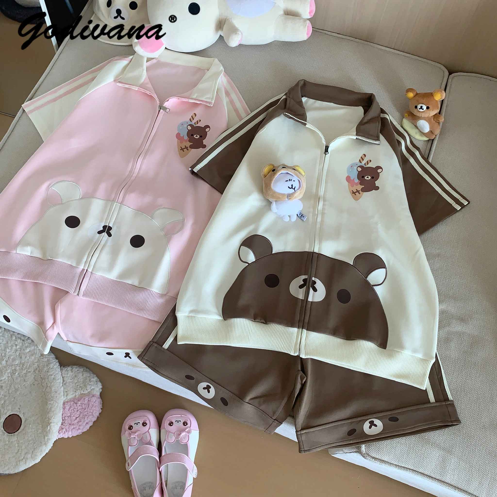 

Preppy Style Student Girls Cute Cartoon Print Short Sleeve Zipper Coat Loose Top Splicing Color Shorts 2 Piece Womens Shorts Set