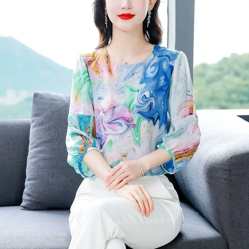 2023 New Summer Fashion Tie Dye Multicolor O-neck 3/4 Sleeve Blouse Ladies Simplicity Loose Printing Pullover Women\'s Shirt Tops