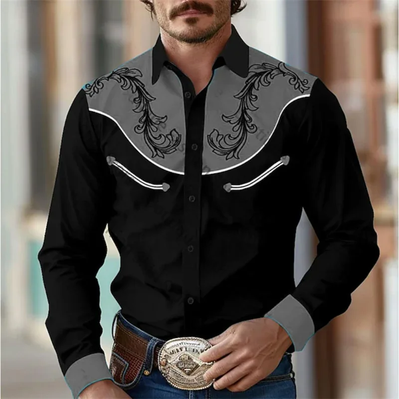 2024 Floral Retro Western Men'S Shirt Outdoor Street Casual Daily Spring Summer Lapel Long Sleeve Black S-5XL Stretch Fabric