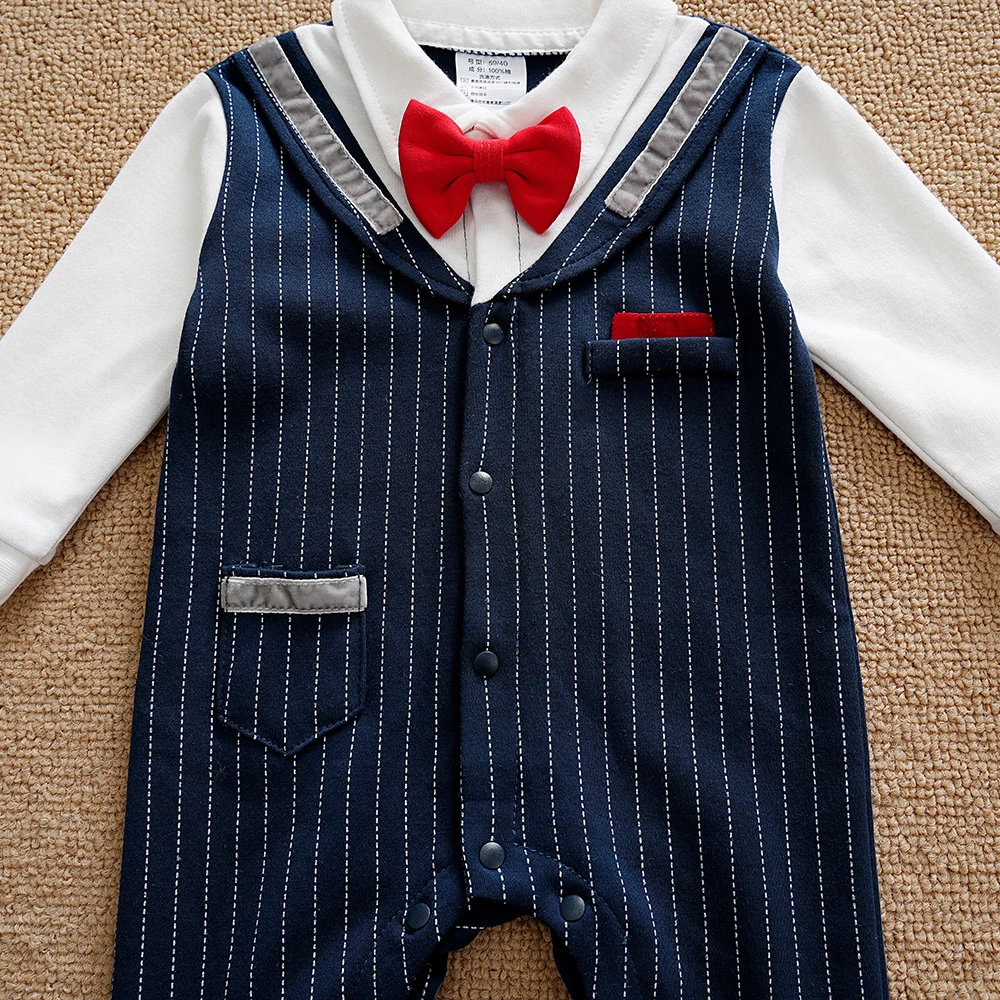 1 Pcs Baby Boy Clothes Gentleman Style Long Sleeves with Red Bowtie Jumpsuit