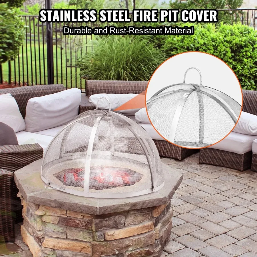 Firepit Spark Screen Lid 30 Diameter Outdoor Firepit Ring Cover Round Accessories Fire Pit Metal Cover EasyOpening Stainless S