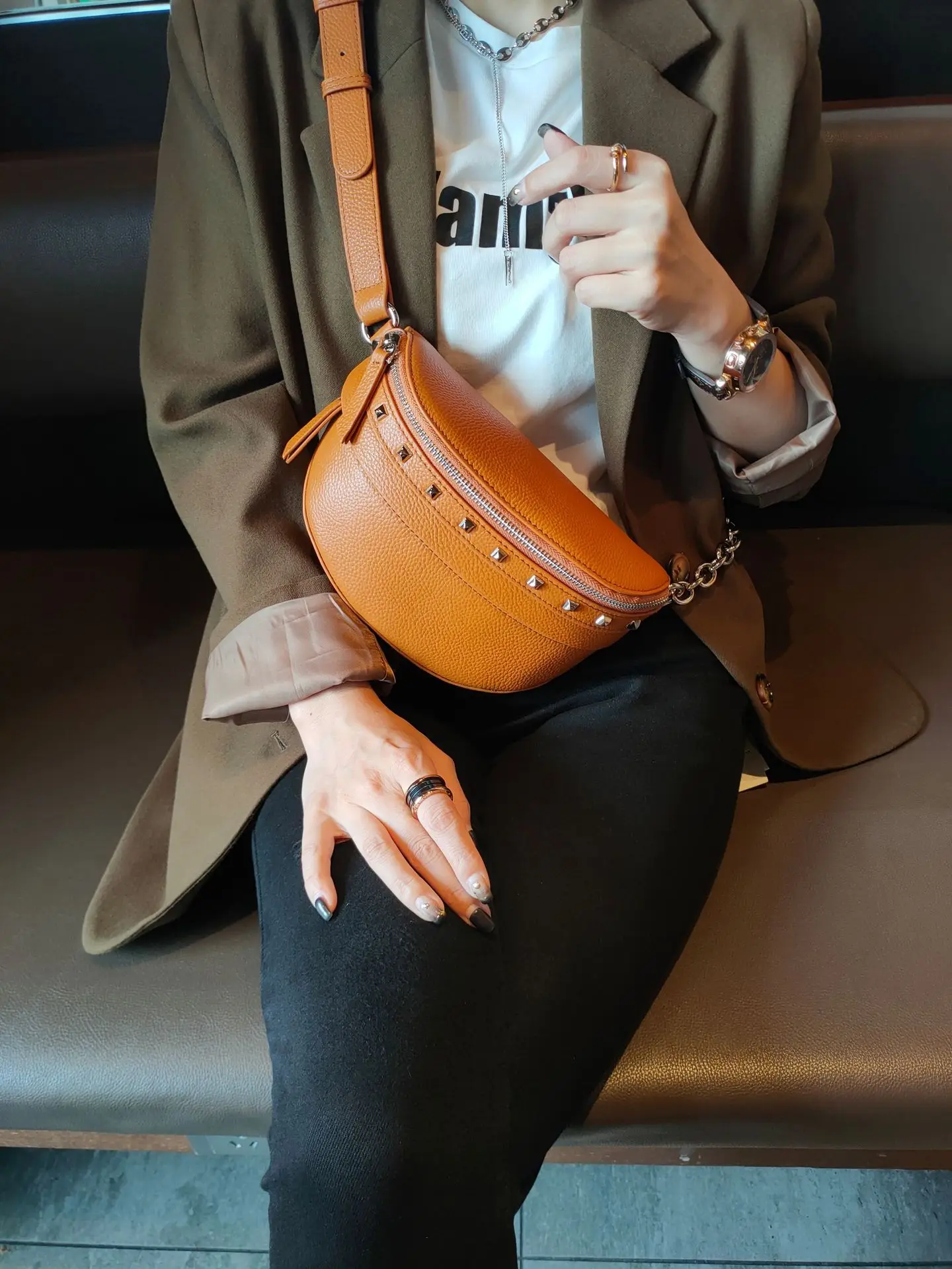 Genuine leather saddle bag female Korean version soft leather chest bag ins youth willow studs crossbody waist bag for women