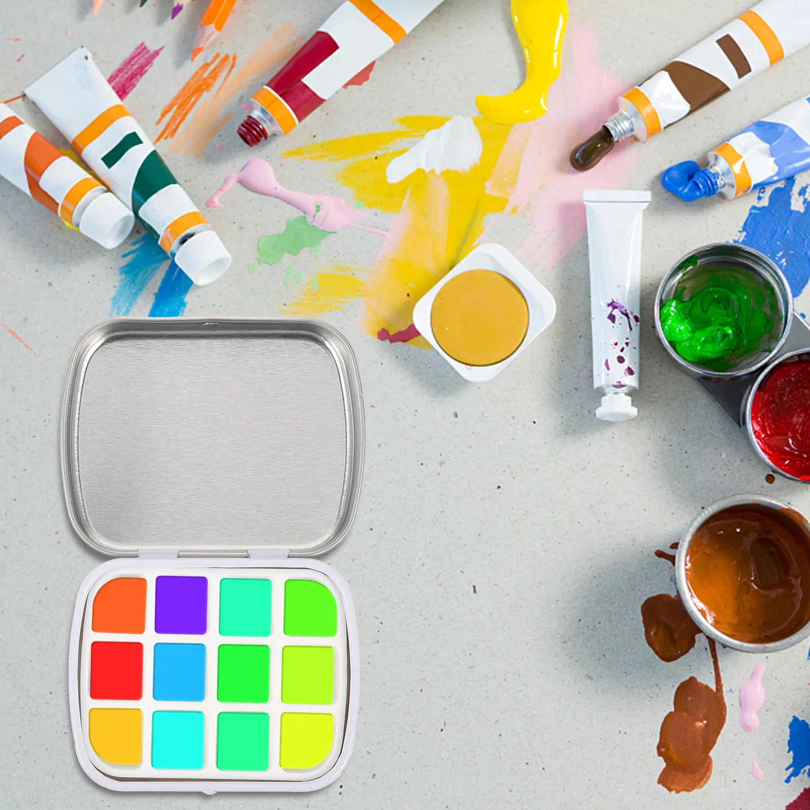 1Set Empty Watercolor Paint Box Tin 12-Grid Paint Pan Pigment Mixing Holder Lightweight Portable Art Supplies Pigment Box