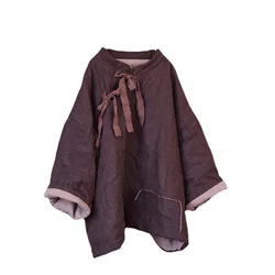 Chinese Style Winter Pullover Parkas Women Loose Vintage Warm Cotton Linen Long Sleeve Padded Clothes Stand Collar Tops