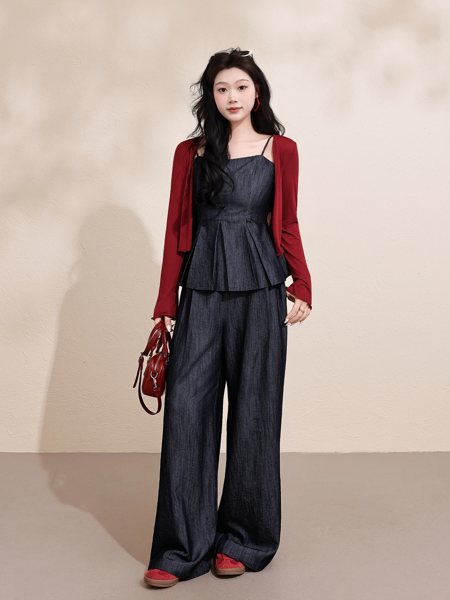 

Elegant plus Size Women's Wide Leg Pants Set with Belt And Ruffle Top Slimming High Waist Casual Style Spring Summer Fashion
