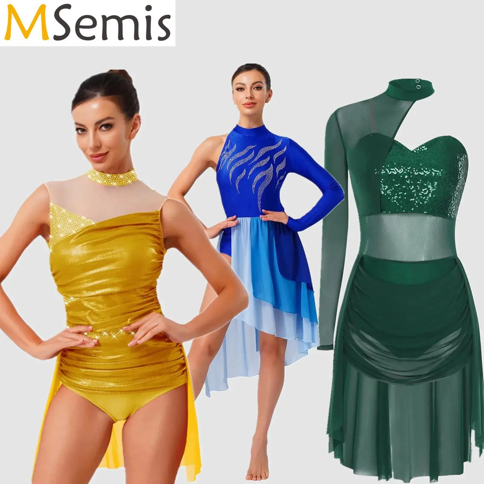 

Womens Ballet Lyrical Dance Leotard Glitter Rhinestones Metallic Shiny Skirt Ruched Dresses Modern Contemporary Dance Costume