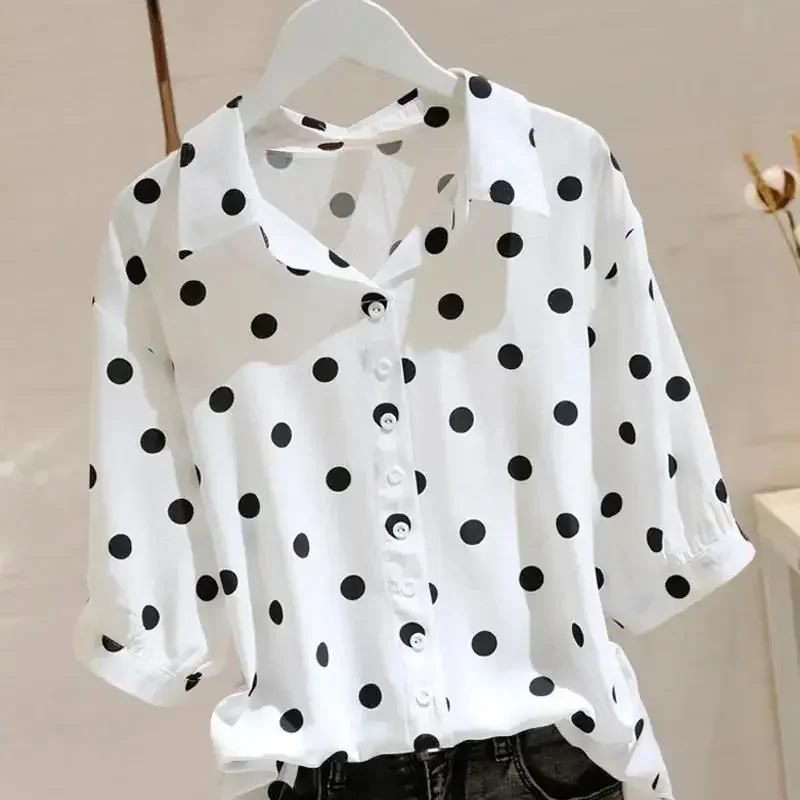 Fashion Printed Lapel Button Loose Polka Dot Blouse Female Clothing 2024 Summer New Oversized Casual Pullovers Office Lady D97