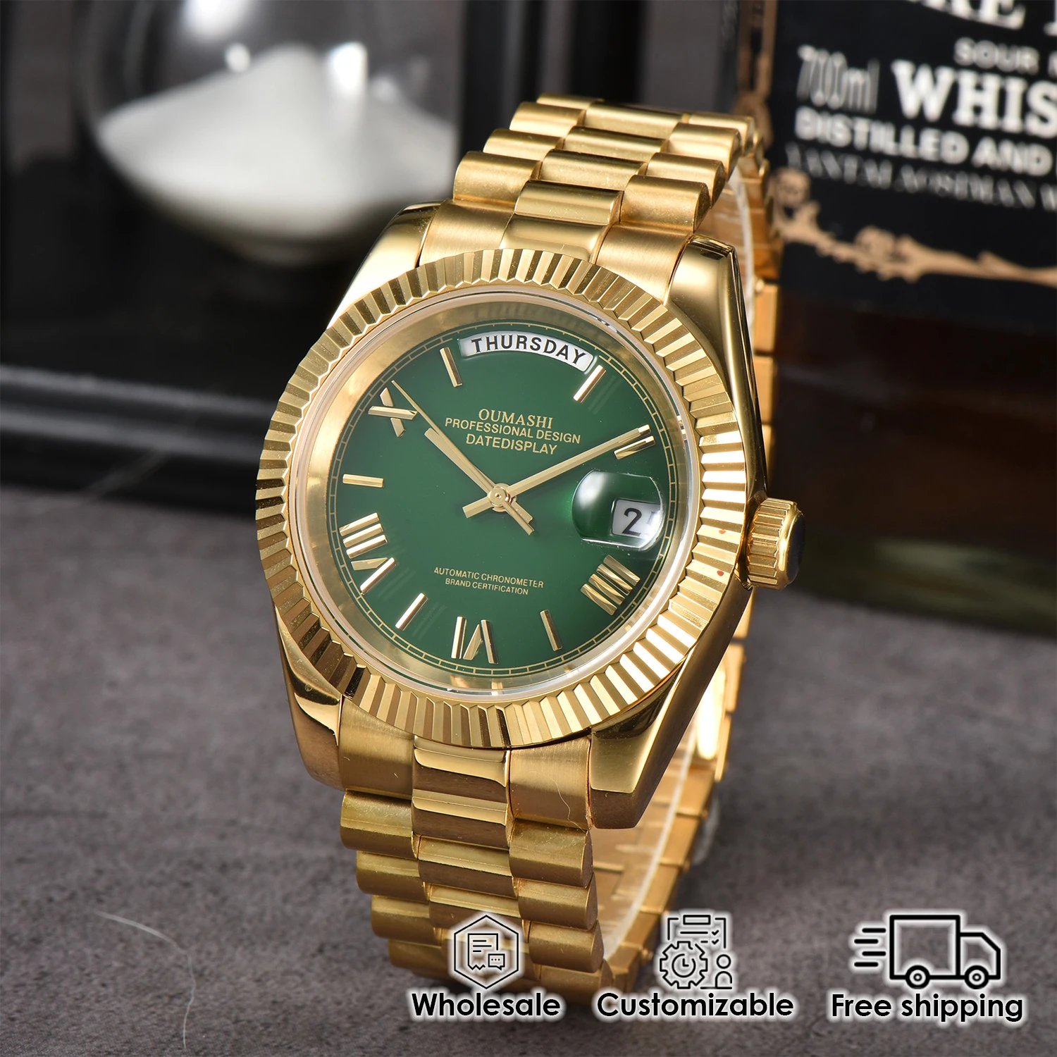 39mm luxury gold men's watch MIYOTA8285 automatic mechanical movement date/week display sapphire glass business watch