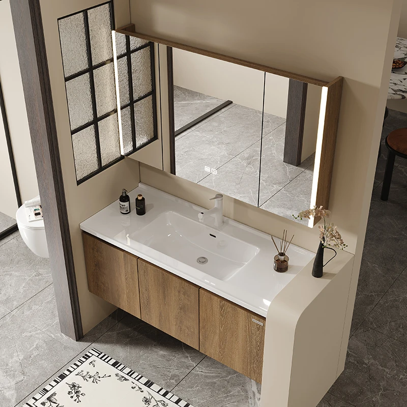 

/Modern Luxury Bathroom Vanity Cabinet with LED Touch Illuminate Mirror Ceramic Basin Lacquer Finish Wall-Mounted Installation