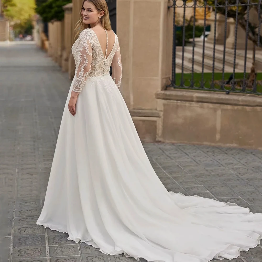 Customized Long Sleeves Chiffon Appliques Wedding Dress Classic A-line Plus Size Bridal Gown Women Deep V-neck Bridal Gown