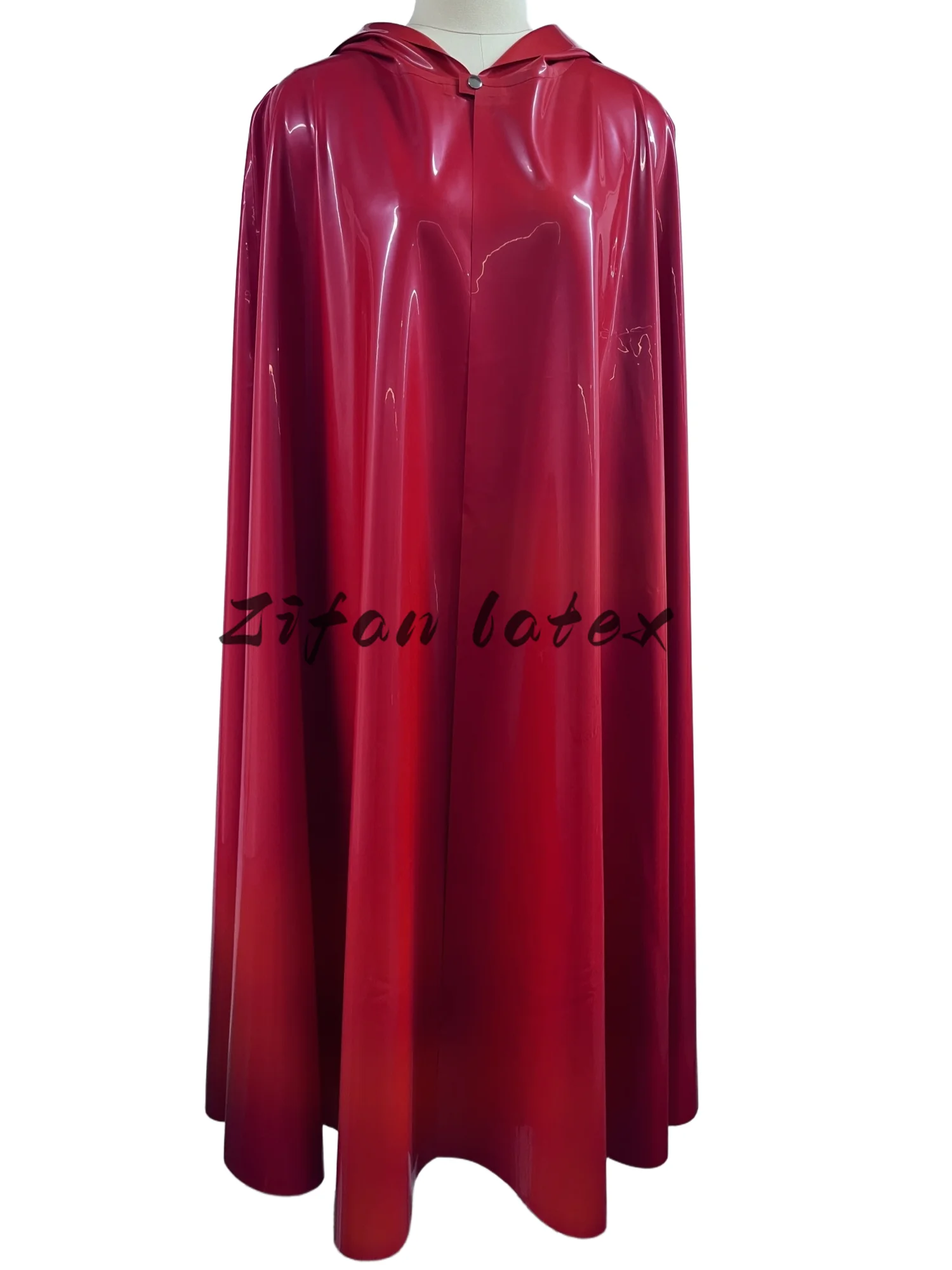 Red Sexy Hoodies Latex Cloak with Neck Button Ankle Length Long Rubber Robe Cape Jackets Top Coat
