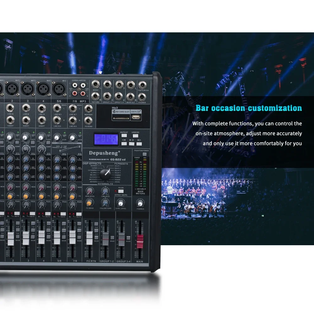 Depusheng EG822SD High Quality Multifunction 8 Channel 48V Phantonpower Supply DJ Digital mixer audio