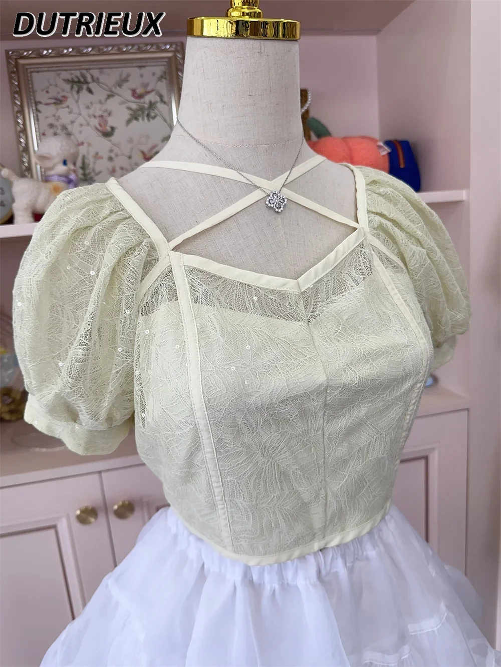 Summer Cute Japanese Style Short Top Sequined Lace Shirt Thin Square Collar Slimming Puff Sleeve Little Fairy White Blouse