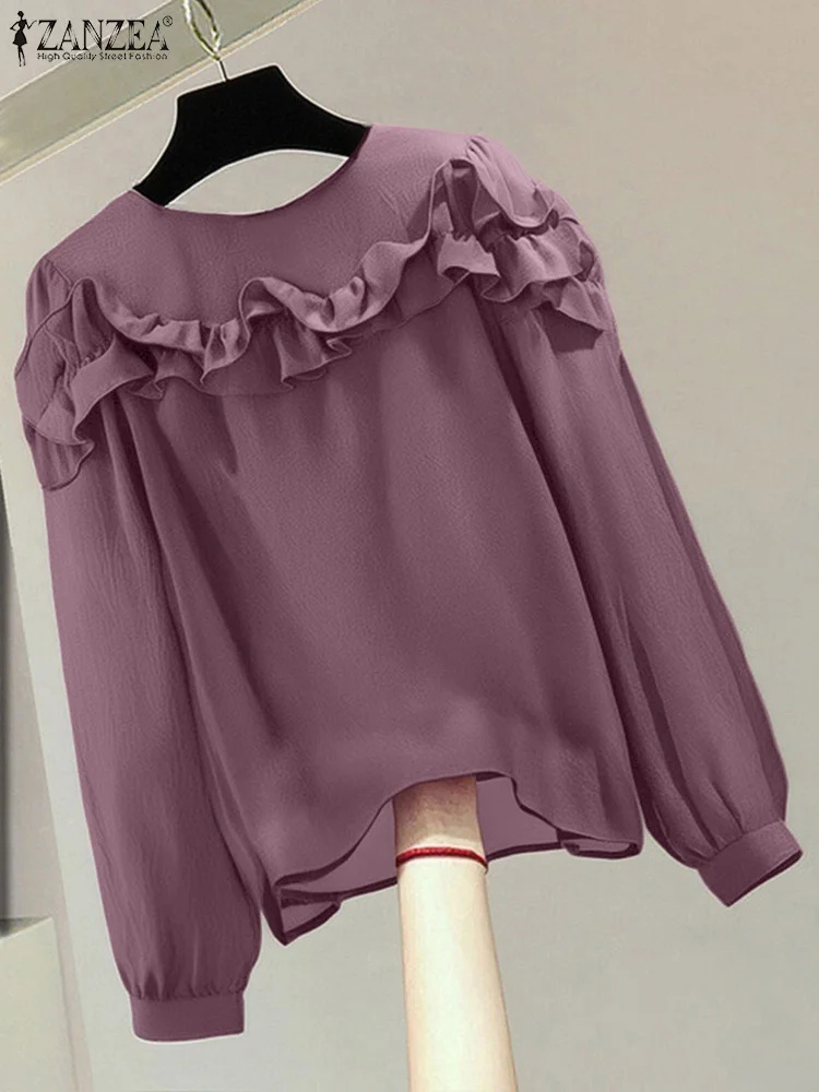 

ZANZEA Women Blouse Elegant Office Work Tops Vintage Blusas Autumn Long Sleeve Solid Color Tunics 2025 Casual Ruffled Pullover