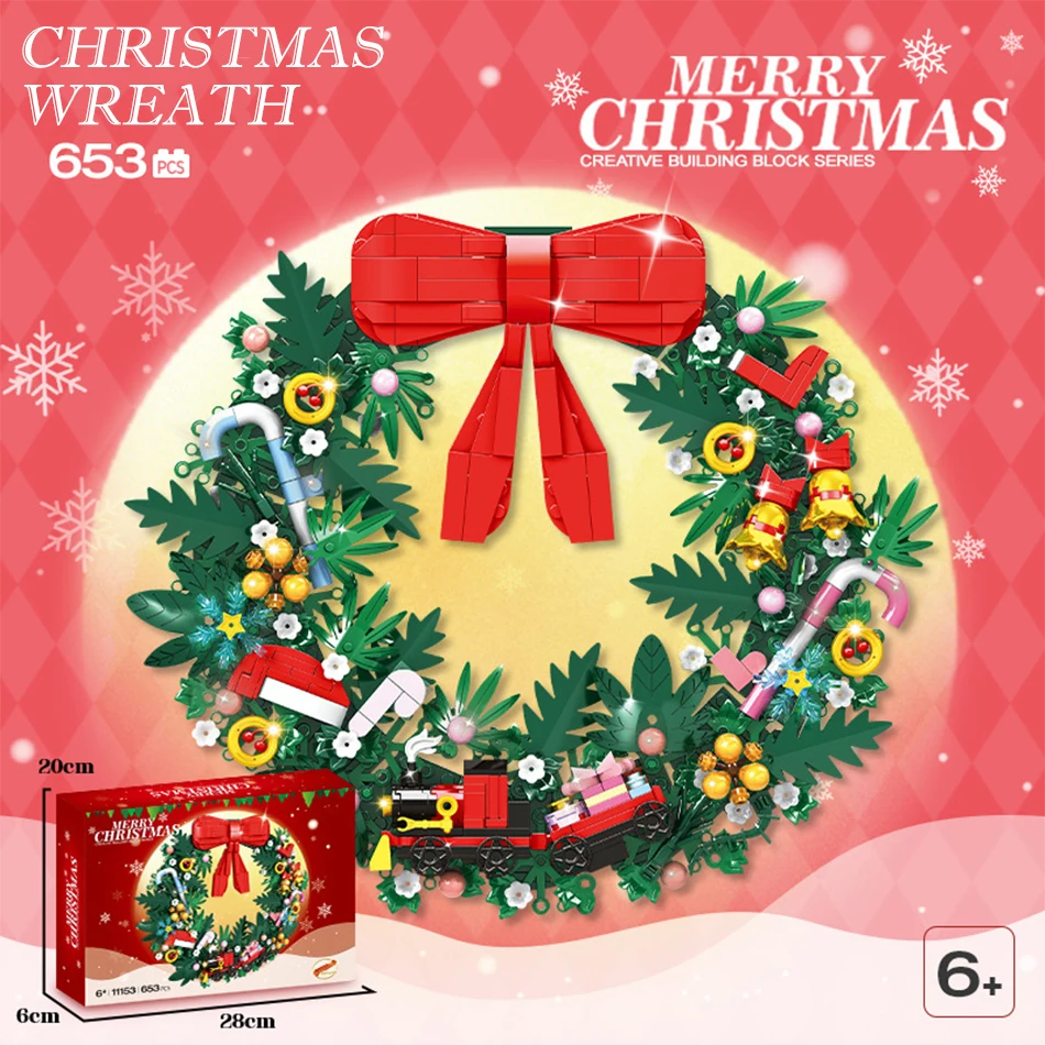 

Рождественский венок, строительные блоки, набор MOC с изысканной коробкой, кирпичи, игрушки, декор для входной двери, крыльцо, домашний декор стен, детские рождественские подарки