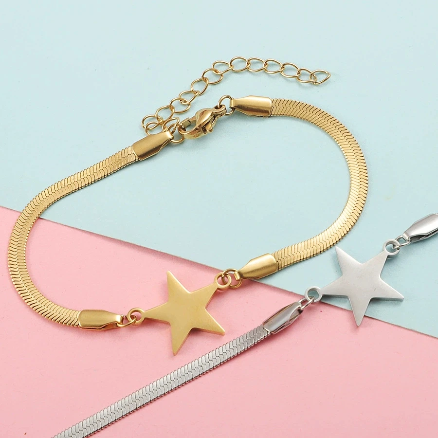 

10pcs/lot Five-pointed Star Bracelet Women's Fashion Snake Chain Personalized Design 304 Stainless Steel Bracelet Jewelry