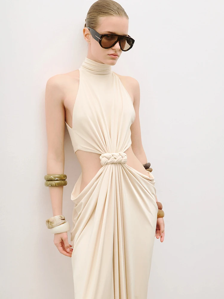 VC أزياء العلامة التجارية الحدث أناقة البيج الرسن تويست انقطاع منظم أكمام ثوب مسائي فستان ماكسي مثير