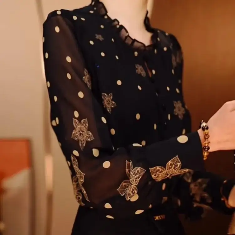 ربيع الخريف المرأة الشيفون irt طويلة Sve البولكا نقطة طباعة Ele بلوزة صغيرة أمي Faionable تي شيرت حجم كبير