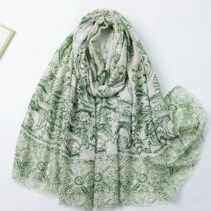 

Gold-Stamped Porcelain Bottle Satin Cotton National Style Printed Long Scarf Factory Sale Foreign Trade Cross-Border Live Stream