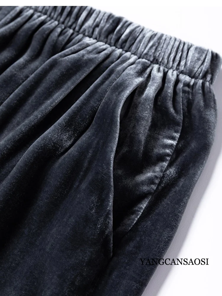 Women's Fashion Autumn Clothing Skin Friendly 30% Natural Mulberry Silk Velvet Dark Gray Retro Versatile Straight Leg Pants