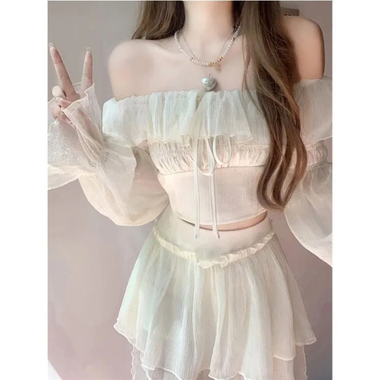 Sweet Sexy Ruffles Slash Neck Slim Fit Long Sleeve Tops Women+ Y2k High Waist Mesh Skirts 2024 Summer New Two Piece Sets