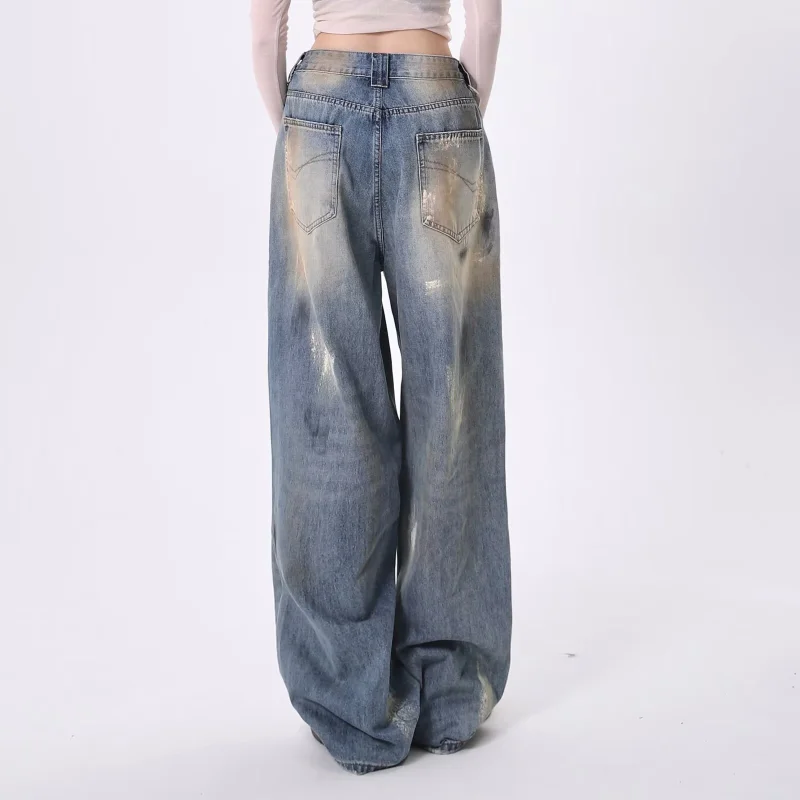 Retro Splashed Paint Graffiti Straight Leg Women's Jeans Dirty Color High Waist Slimming High-quality Wide Leg Floor Pants