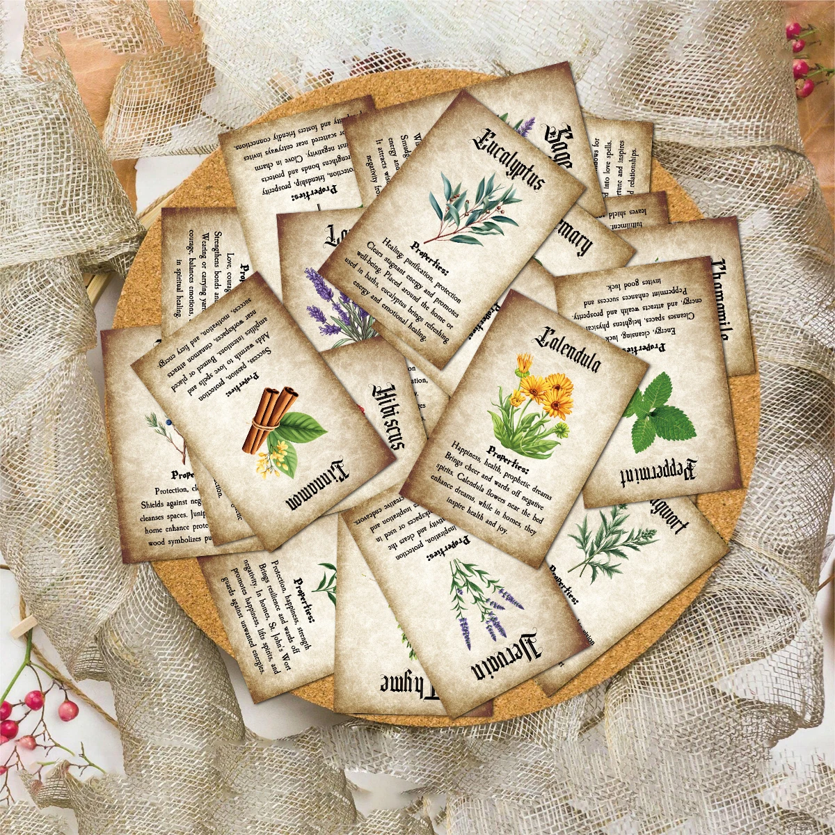 20 Stück Retro-Karten zur Beschreibung von Hexereikräutern, mystische Pflanzeneigenschaften für die Wahrsagerei, Hexengeschenke, sammelbare Lernkarten – Detail 3